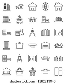 thin line vector icon set - school building vector, drawing compass, university, bank, stadium, dry cargo, hospital, home, cottage, chalet, barn, fence, plan, apartments, office, mall, window
