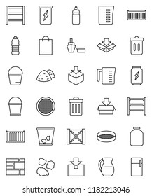 thin line vector icon set - bucket vector, trash bin, garbage pile, measuring cup, jug, sieve, jar, enegry drink, water bottle, sea container, port, wood box, consolidated cargo, package, shelving