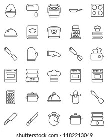 thin line vector icon set - pan vector, cook hat, apron, glove, timer, whisk, spatula, knife, grater, oven, double boiler, cookbook, dish, mixer, multi cooker, toaster