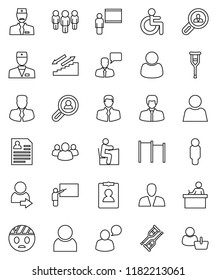 thin line vector icon set - blackboard vector, student, manager, man, personal information, horizontal bar, stairways run, client, speaking, group, disabled, doctor, crutches, head bandage, user