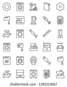 thin line vector icon set - washer vector, washing powder, mixer, double boiler, blender, tomography, gear, construction crane, card reader, dishwasher, coffee maker, meat grinder, sewing machine