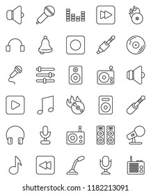 thin line vector icon set - bell vector, music, disk, hit, microphone, radio, speaker, equalizer, headphones, play button, forward, backward, rec, jack