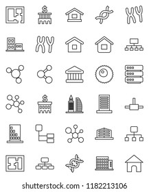 thin line vector icon set - molecule vector, bank, building, hierarchy, dna, chromosomes, ovule, connect, big data, plan, apartments, office, home