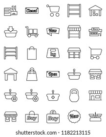 thin line vector icon set - office vector, cargo, warehouse, weight, shelving, new, open, closed, shopping bag, market, store, mall, buy, basket, cart, scales