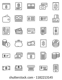 thin line vector icon set - credit card vector, cash, coin stack, check, receipt, dollar calendar, money, wallet, reader, tap pay