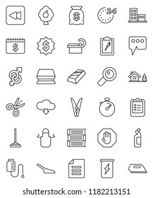 thin line vector icon set - mop vector, scoop, clothespin, sponge, cleaning agent, apron, book, clipboard, document, gold ingot, dollar medal, calendar, stopwatch, enegry drink, backward button