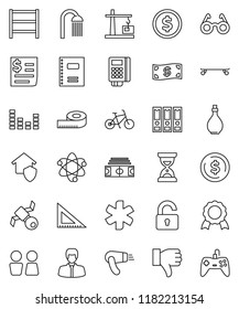 thin line vector icon set - shower vector, water closet, oil, copybook, corner ruler, glasses, atom, medal, dollar coin, manager, binder, sand clock, measuring, stadium, bike, skateboard, satellite