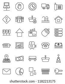 thin line vector icon set - pie graph vector, laptop, cash, arrow up, pool, navigator, phone, clock, antenna, video camera, rca, server, notebook network, big data, hub, bench, loading, stop, basket