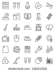 thin line vector icon set - broom vector, vacuum cleaner, iron, water tap, cook press, cutting board, toaster, oven, magnet, flask, monitor dollar, boxing glove, gymnast rings, oxygen, cinema clap