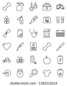 thin line vector icon set - liquid soap vector, diet, pills vial, bike, weight, t shirt, sports nutrition, enegry drink, calendar, cereals, pool, bone, gymnast rings, heart, doctor bag, thermometer