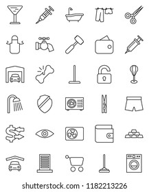 thin line vector icon set - mop vector, clothespin, water tap, bath, drying clothes, shower, apron, meat hammer, exchange, wallet, gold ingot, punching bag, shorts, glass, eye, syringe, scissors