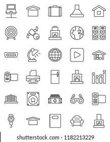 thin line vector icon set - scales vector, copybook, glasses, table lamp, world, case, stadium, target, satellite, dry cargo, equalizer, video camera, play button, hdmi, notebook network, globe
