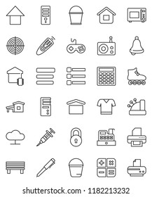 thin line vector icon set - bucket vector, microwave oven, pen, bell, calculator, arrow up, t shirt, roller Skates, target, dry cargo, radio, gamepad, remote control, syringe, cloud network, menu