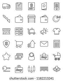 thin line vector icon set - japanese candle vector, wallet, crisis, dollar growth, barcode, credit card, star, 24 hour, market, store, support, buy, receipt, cart, shopping list, calculator, trolley