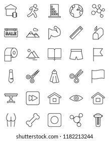 thin line vector icon set - towel vector, toilet paper, book, ruler, molecule, flag, tie, muscule hand, buttocks, shorts, bone, run, earth, forward button, rec, eye, scissors, mountain, table