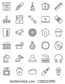 thin line vector icon set - vacuum cleaner vector, fetlock, bucket, foam basin, measuring cup, cook press, whisk, double boiler, ruler, telescope, table lamp, hoop, disk, antenna, headphones, jack