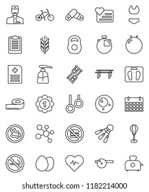 thin line vector icon set - liquid soap vector, egg, measuring, scales, heart pulse, stopwatch, clipboard, bike, weight, horizontal bar, punching bag, fitball, swimsuite, medal, molecule, calendar