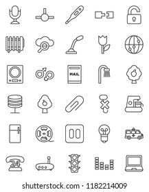 thin line vector icon set - traffic light vector, phone 24, no hook, tulip, film spool, equalizer, microphone, internet, pause button, thermometer, gender sign, amkbulance car, connect, cloud glass
