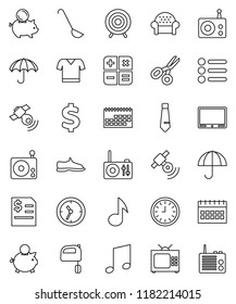 thin line vector icon set - ladle vector, mixer, scissors, music, piggy bank, annual report, clock, tie, calendar, dollar sign, snickers, t shirt, target, umbrella, radio, satellitie, tv, calculator