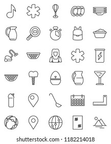 thin line vector icon set - vacuum cleaner vector, window cleaning, foam basin, agent, plates, woman, colander, cook timer, ladle, jug, corner ruler, backpack, music, punching bag, enegry drink, pin