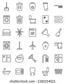 thin line vector icon set - soap vector, scraper, broom, fetlock, mop, scoop, sponge, towel, trash bin, window cleaning, bath, toilet, drying clothes, washer, shining, shower, tooth, windmill