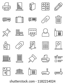 thin line vector icon set - trash bin vector, shining window, pencil, student, paper pin, exam, case, binder, phone, thumbtack, diagnostic monitor, medical room, router, attachment, user, apartments