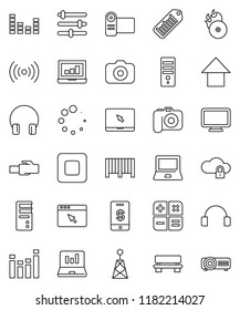thin line vector icon set - notebook pc vector, laptop graph, arrow up, barcode, music hit, camera, antenna, equalizer, headphones, stop button, cloud lock, browser, lan connector, bench, loading