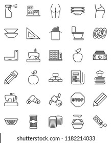 thin line vector icon set - toilet vector, washing powder, sprayer, plates, colander, cookbook, pasta, pencil, corner ruler, apple fruit, coin stack, hierarchy, stadium, buttocks, satellite, pills