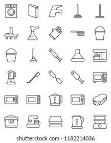 thin line vector icon set - plunger vector, water tap, vacuum cleaner, fetlock, mop, bucket, sponge, car, washing powder, rubber glove, kettle, spatula, microwave oven, blender, washer, coffee maker