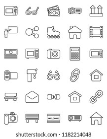 thin line vector icon set - welcome mat vector, microwave oven, blackboard, glasses, calculator, cash, roller Skates, money, top sign, film frame, link, mail, share, home, bench, connection, camera
