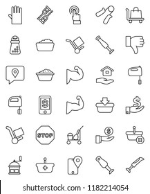 thin line vector icon set - cleaner trolley vector, foam basin, rubber glove, house hold, hand mill, mixer, blender, investment, trainer, muscule, traking, cargo, touchscreen, finger down, crutches