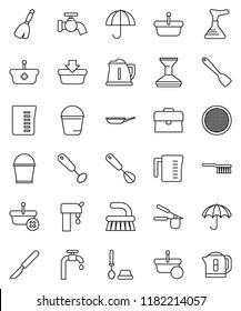 thin line vector icon set - plunger vector, broom, fetlock, bucket, water tap, car, toilet brush, pan, kettle, measuring cup, cook press, whisk, spatula, sieve, case, umbrella, scalpel, supply