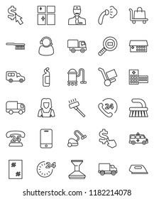 thin line vector icon set - vacuum cleaner vector, fetlock, car, window cleaning, steaming, agent, shining, woman, dollar cursor, phone 24, delivery, cargo search, mobile, hospital building, doctor