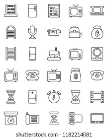 thin line vector icon set - washboard vector, kettle, alarm clock, abacus, money bag, sand, phone, film frame, tv, video camera, microphone, classic, fridge, kitchen scales, sewing machine