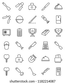 thin line vector icon set - camping cauldron vector, spatula, ladle, knife, grater, toaster, blender, dish, award cup, magnet, gold ingot, safe, hand trainer, battery, scalpel, tooth implant, fridge