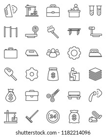 thin line vector icon set - vacuum cleaner vector, rake, steaming, student, case, money bag, horizontal bar, big scales, group, vial, scissors, data, gear, bench, construction crane, 24 hour, iron