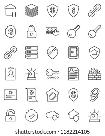 thin line vector icon set - certificate vector, personal information, dollar shield, safe, protected, link, cloud, big data, firewall, chain, siren, key, unlock, smart home, protect, lock, password