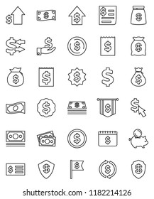 thin line vector icon set - exchange vector, dollar coin, cash, money bag, piggy bank, investment, growth, receipt, medal, flag, calendar, cursor, sign, shield