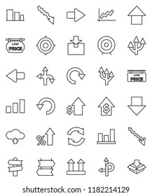 thin line vector icon set - graph vector, crisis, percent growth, dollar, target, arrow down, up, route, signpost, top sign, package, sorting, refresh, redo, undo, cloud upload, low price signboard