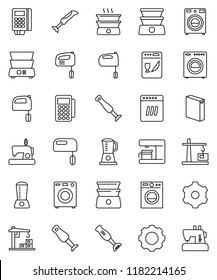 thin line vector icon set - washer vector, washing powder, mixer, double boiler, blender, gear, construction crane, card reader, dishwasher, coffee maker, sewing machine