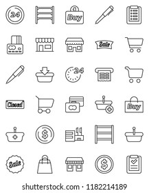 thin line vector icon set - pen vector, dollar coin, cart, credit card, office, shelving, sale, closed, 24 hour, shopping bag, store, mall, buy, receipt, basket, list