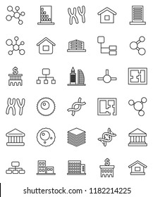 thin line vector icon set - molecule vector, bank, building, hierarchy, dna, chromosomes, ovule, connect, big data, plan, apartments, office, home