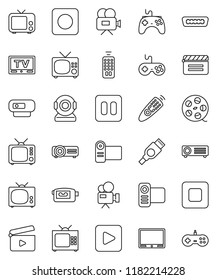 thin line vector icon set - cinema clap vector, film spool, tv, gamepad, video camera, remote control, play button, pause, stop, rec, hdmi, web, projector