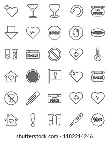 thin line vector icon set - sieve vector, arrow down, heart pulse, prohibition sign, no alcohol, cross, attention, glass, thermometer, vial, undo, stop, sale signboard, low price, love home, new