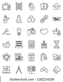 thin line vector icon set - towel vector, washboard, shower, drawing compass, atom, abacus, laptop graph, bank building, heart monitor, music hit, newspaper, link, sand clock, pills, mortar, potion