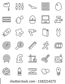 thin line vector icon set - scoop vector, splotch, welcome mat, washing powder, plates, towel, cook timer, mixer, egg, potato, ruler, scissors, money search, pound, measuring, swimsuite, target, run