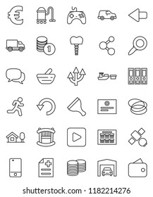 thin line vector icon set - scraper vector, vacuum cleaner, schedule, certificate, magnifier, coin stack, binder, euro sign, molecule, hoop, run, satellite, delivery, car, port, gamepad, dialog