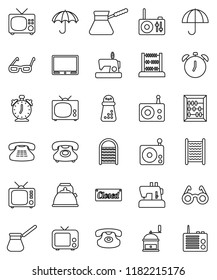 thin line vector icon set - washboard vector, kettle, hand mill, turk coffee, glasses, alarm clock, abacus, phone, umbrella, radio, tv, classic, closed, sewing machine