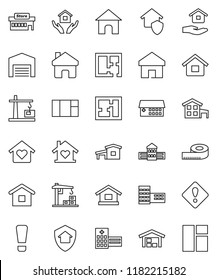 thin line vector icon set - house hold vector, school building, measuring, hospital, home, attention sign, cottage, barn, plan, love, construction crane, protect, mall, window