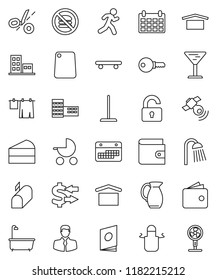 thin line vector icon set - mop vector, bath, drying clothes, shower, apron, cutting board, jug, cake, school building, exchange, wallet, calendar, skateboard, no fastfood, run, client, glass, fan